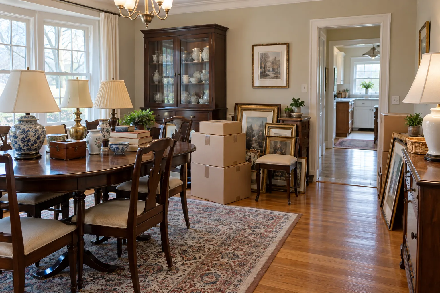Household furniture, art, and boxes staged for estate decisions