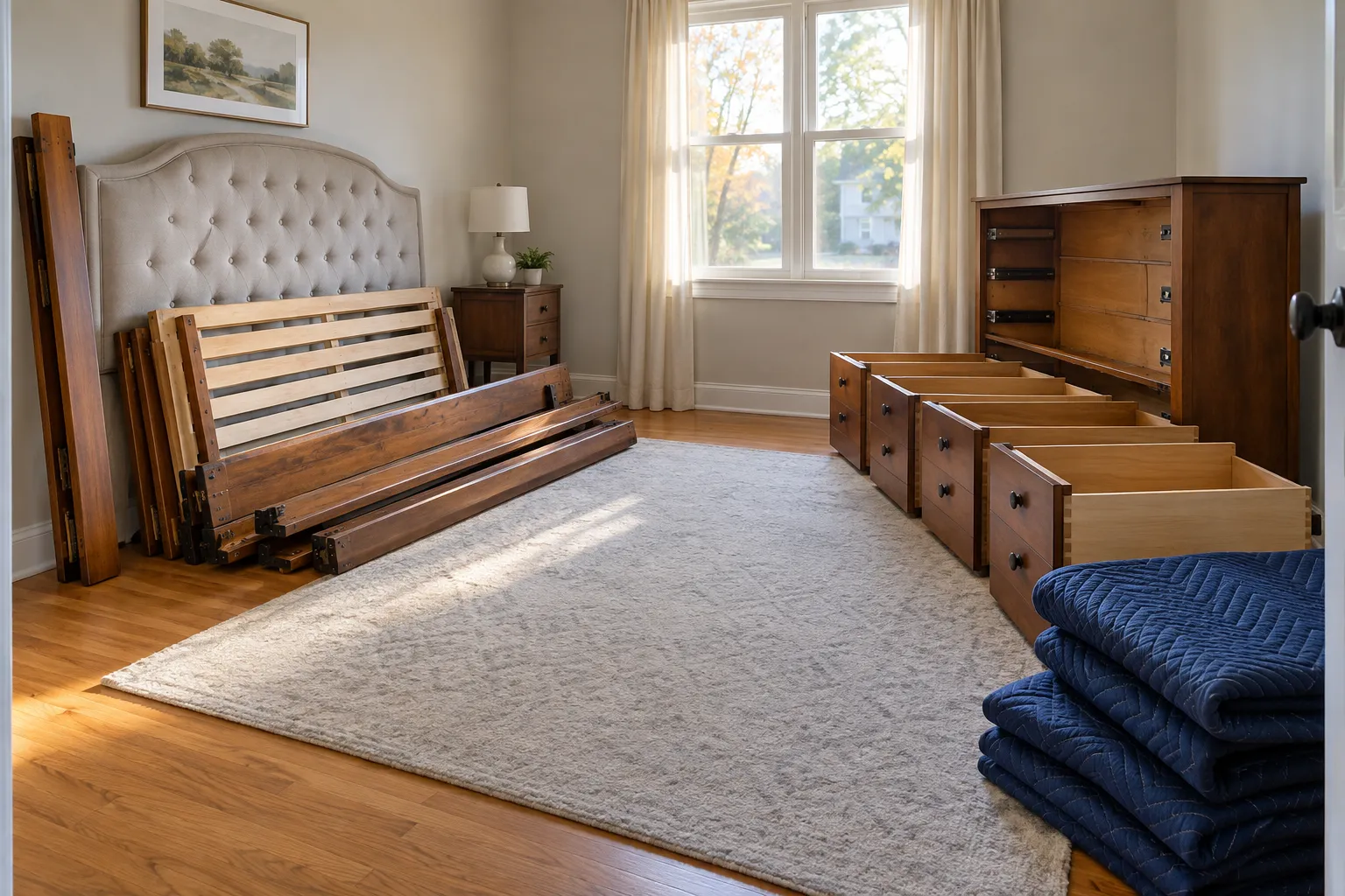Furniture components organized carefully for removal