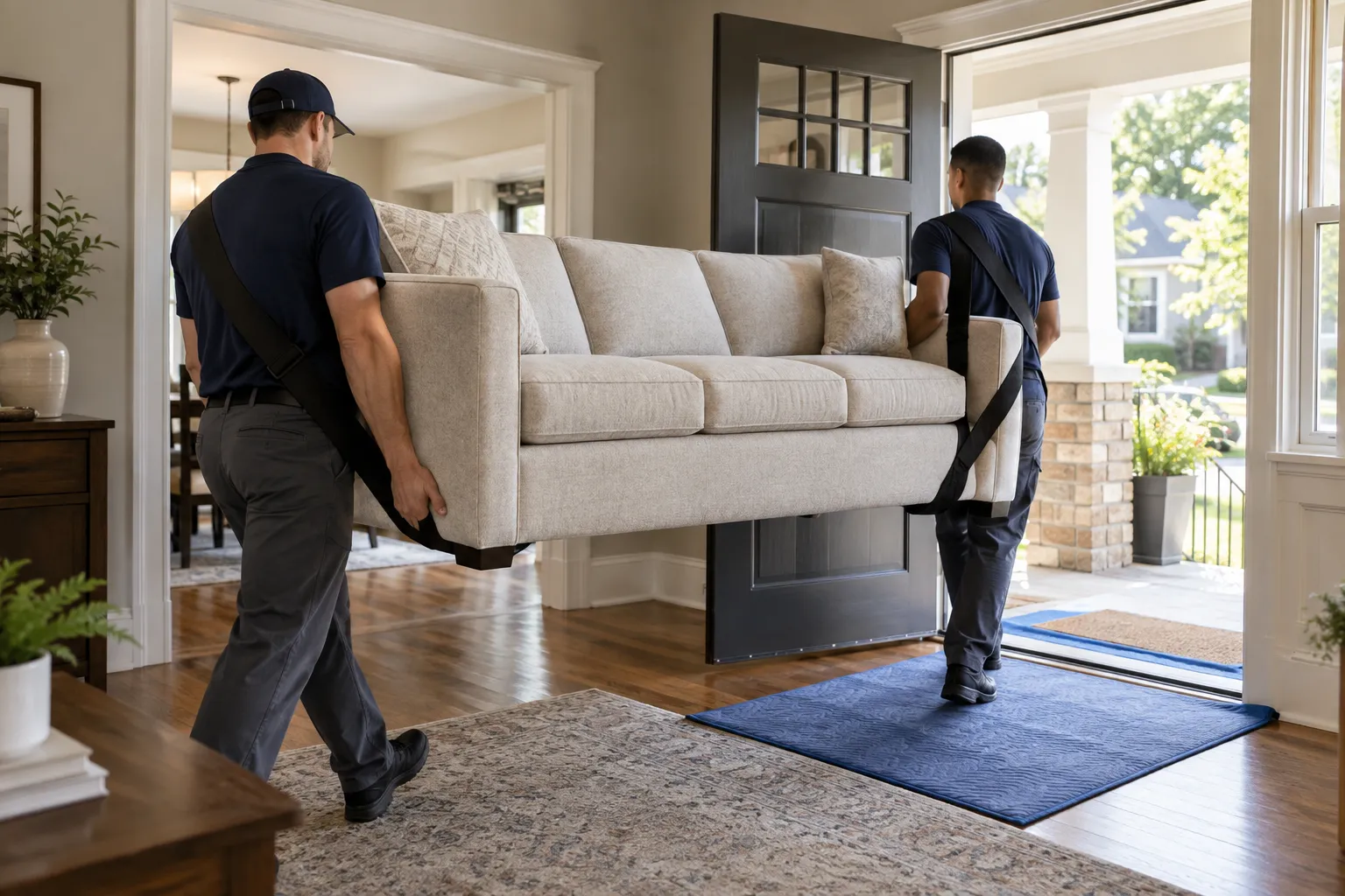 Workers moving a sofa through a protected doorway