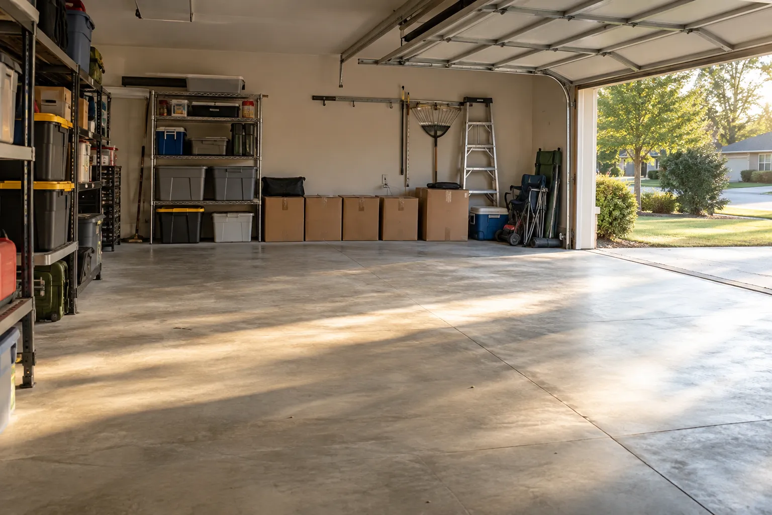 Cleared garage with a final row of staged items