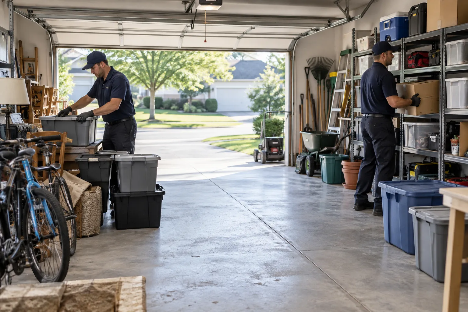 Workers sorting mixed household contents in a garage